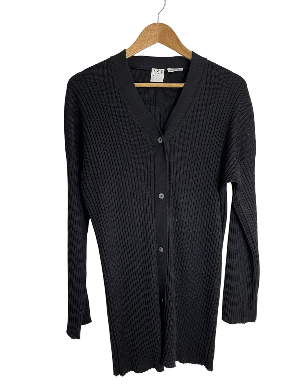 TSE Black Ribbed Long Button-Front Long Sleeve 100% Silk Cardigan Size Small
